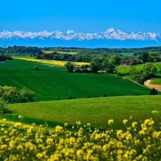 A panoramic view of the Pyrénées mountains.